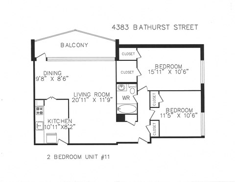 Floor plan for 2 beds, 1 bath, 905 sqft