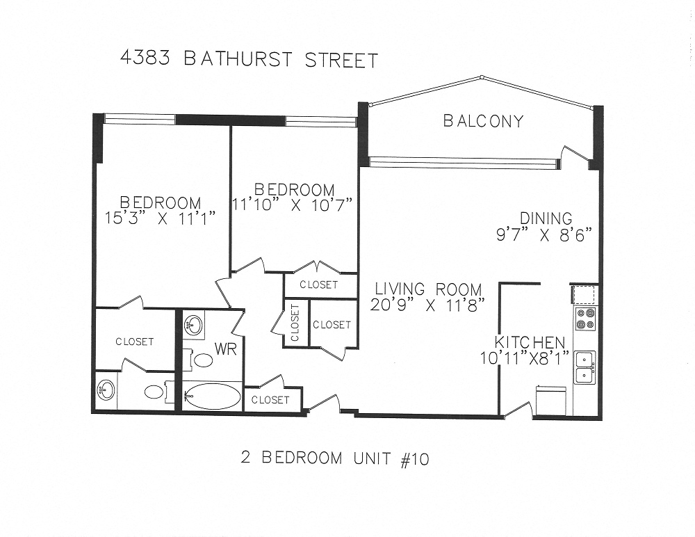 Floor plan for 2 beds, 1.5 baths, 945 sqft