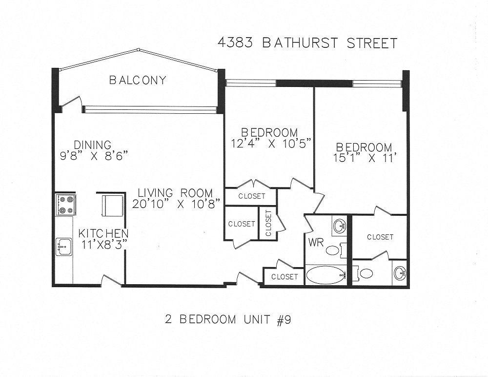 Floor plan for 2 beds, 1.5 baths, 945 sqft