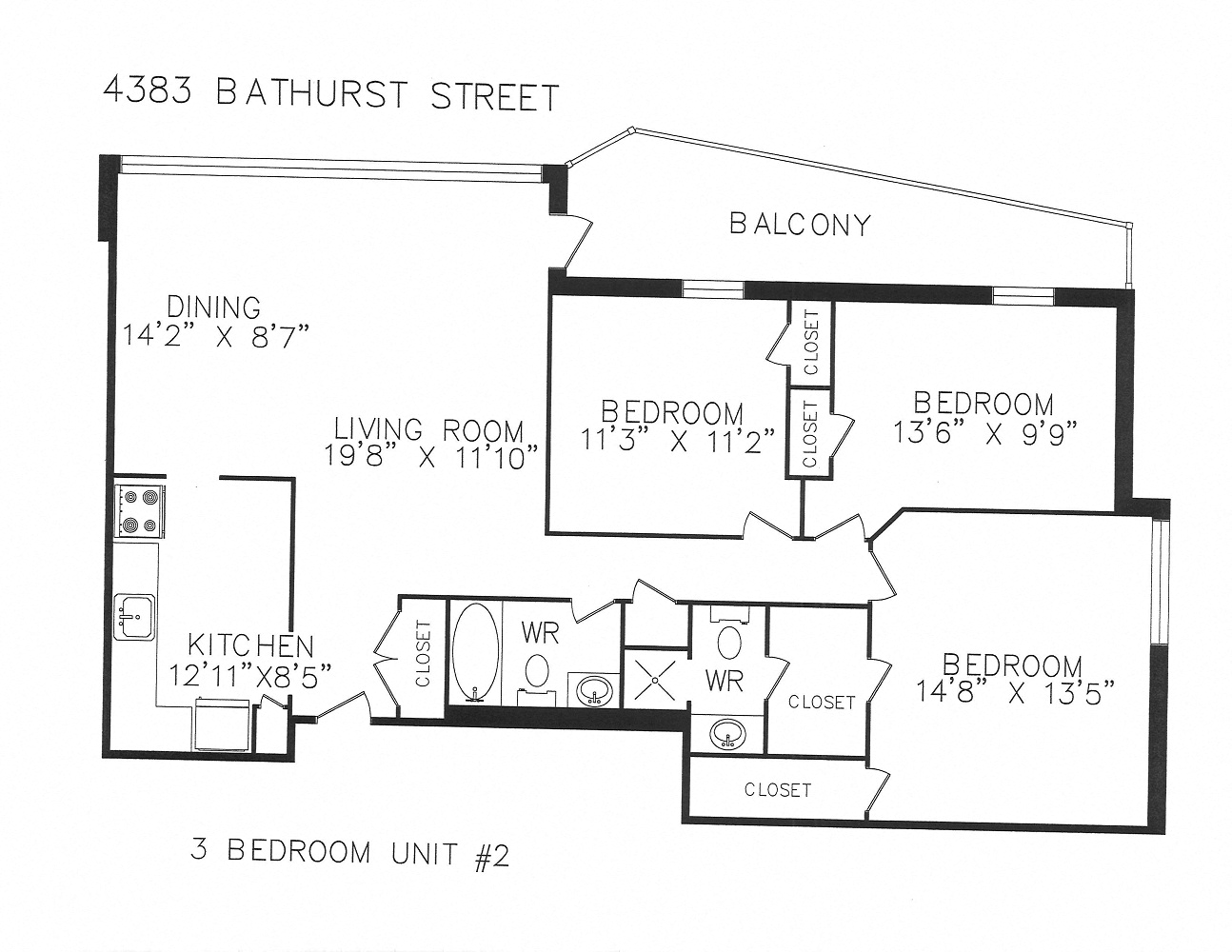 Floor plan for 3 beds, 2 baths, 1200 sqft