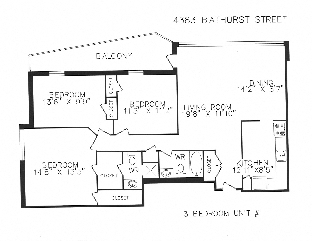 Floor plan for 3 beds, 2 baths, 1215 sqft