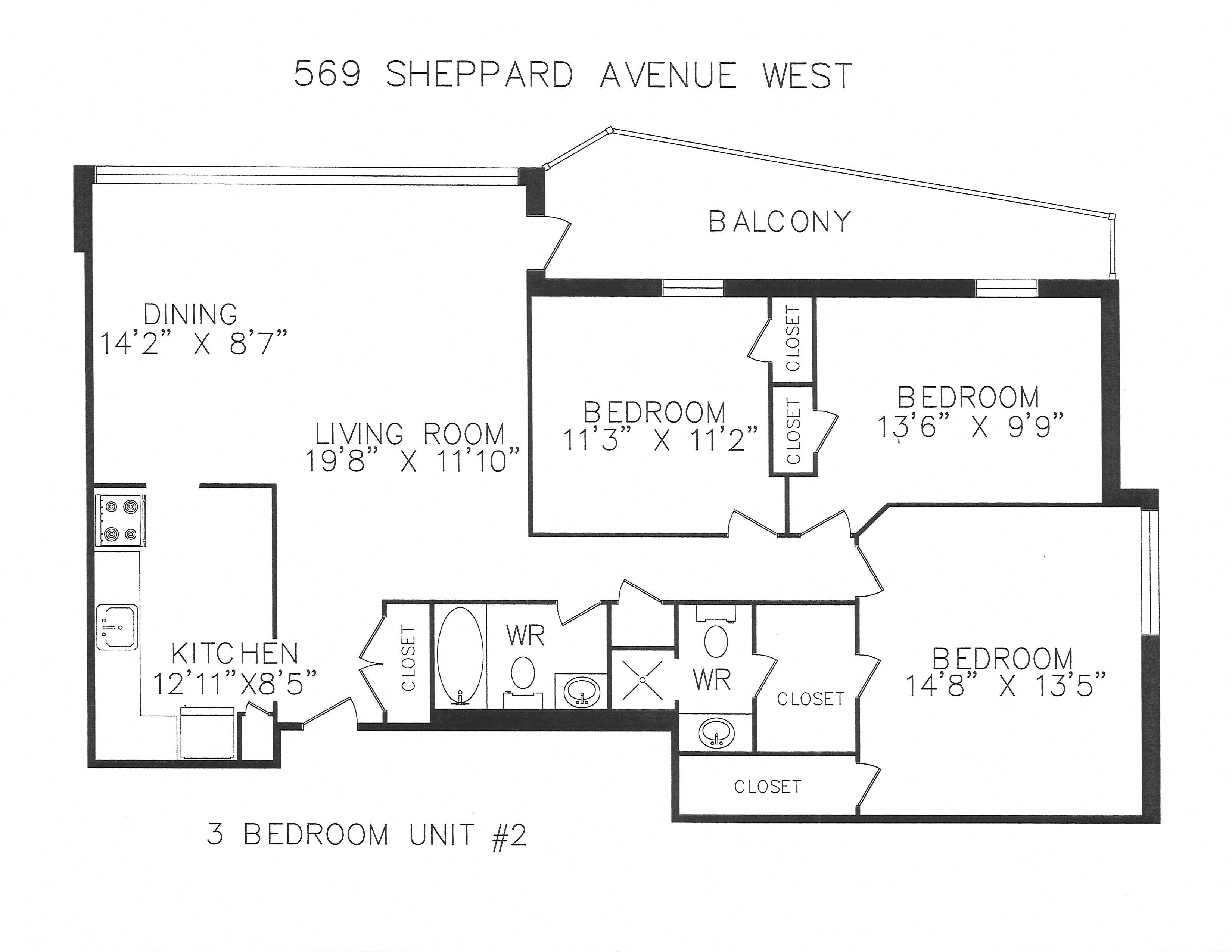 Floor plan for 3 beds, 2 baths, 1200 sqft