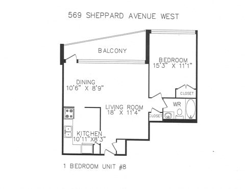 Floor plan for 1 bed, 1 bath, 670 sqft