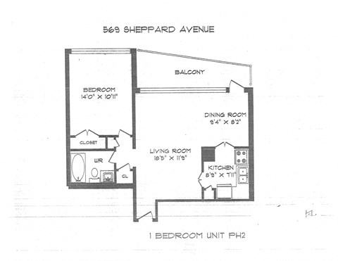 Floor plan for 1 bed, 1 bath, 685 sqft
