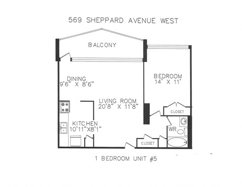 Floor plan for 1 bed, 1 bath, 685 sqft