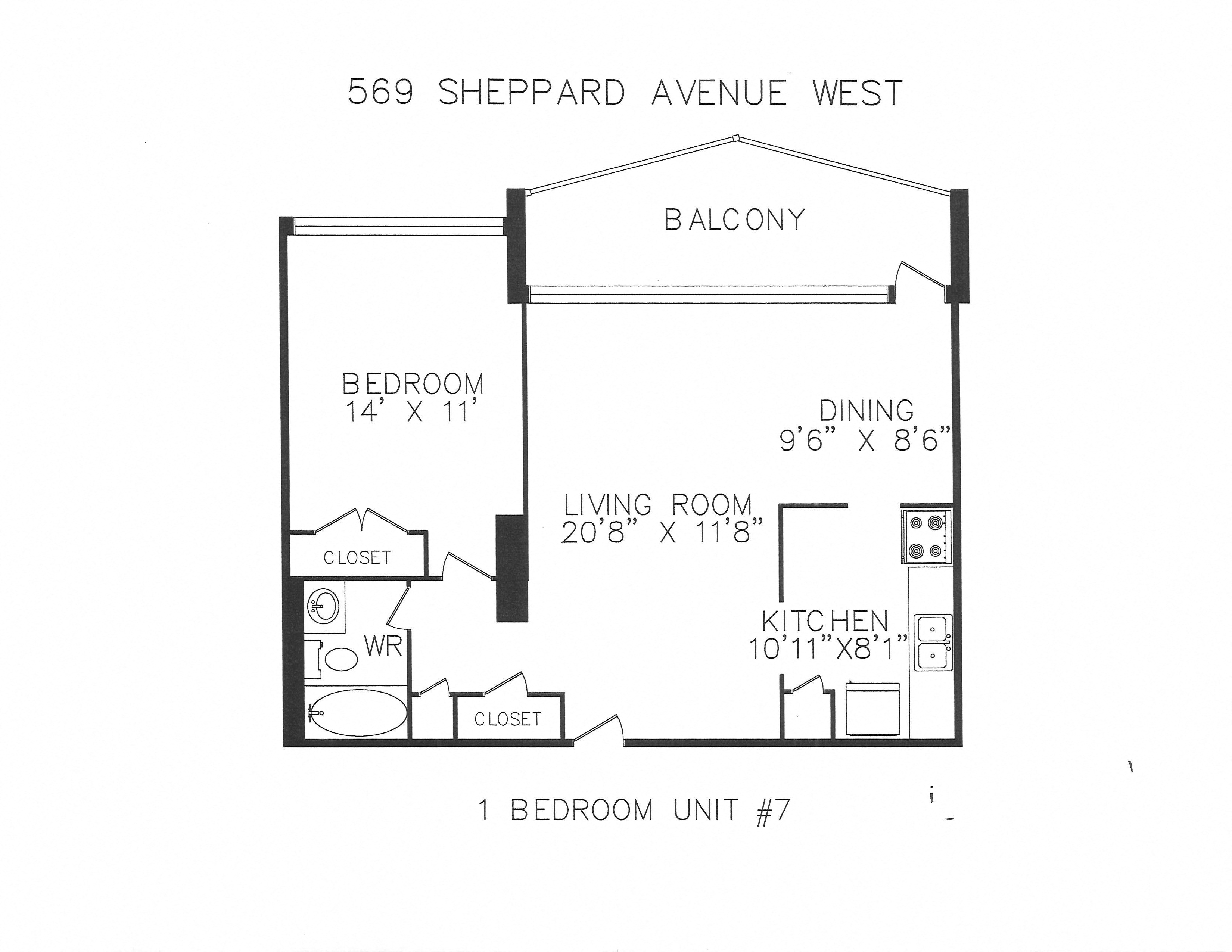 Floor plan for 1 bed, 1 bath, 600 sqft