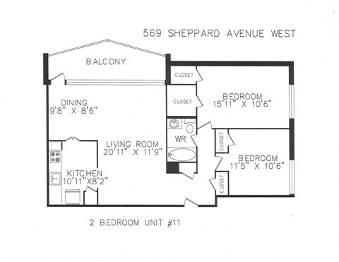 Floor plan for 2 beds, 1 bath, 945 sqft
