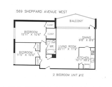 Floor plan for 2 beds, 1 bath, 945 sqft