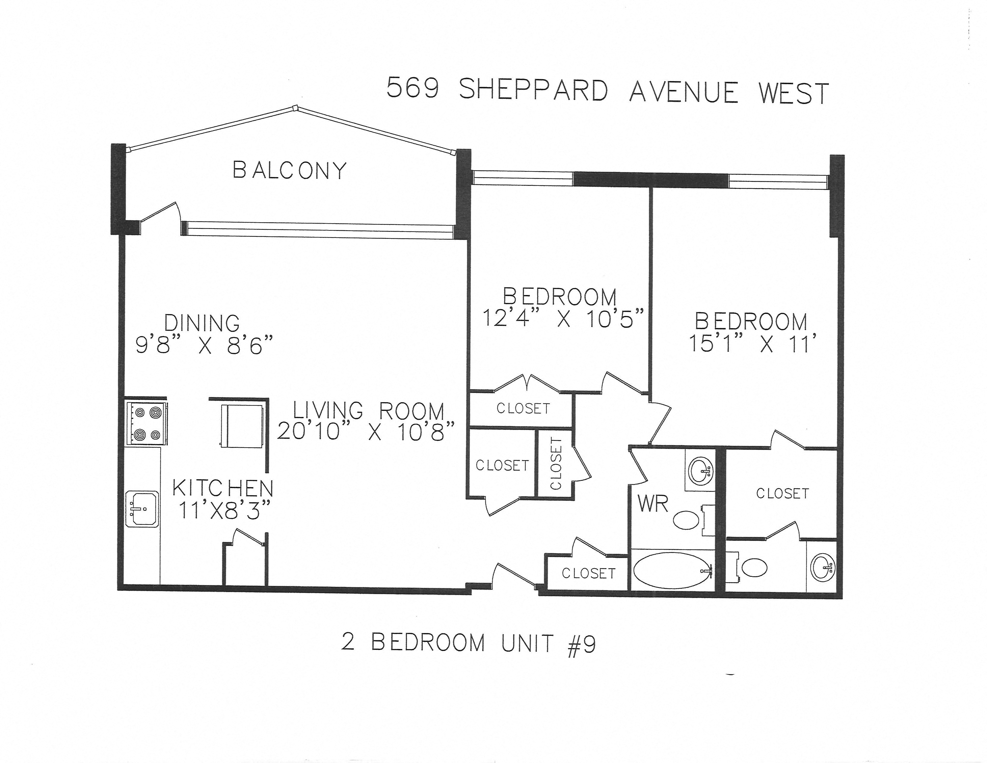 Floor plan for 2 beds, 1.5 baths, 945 sqft