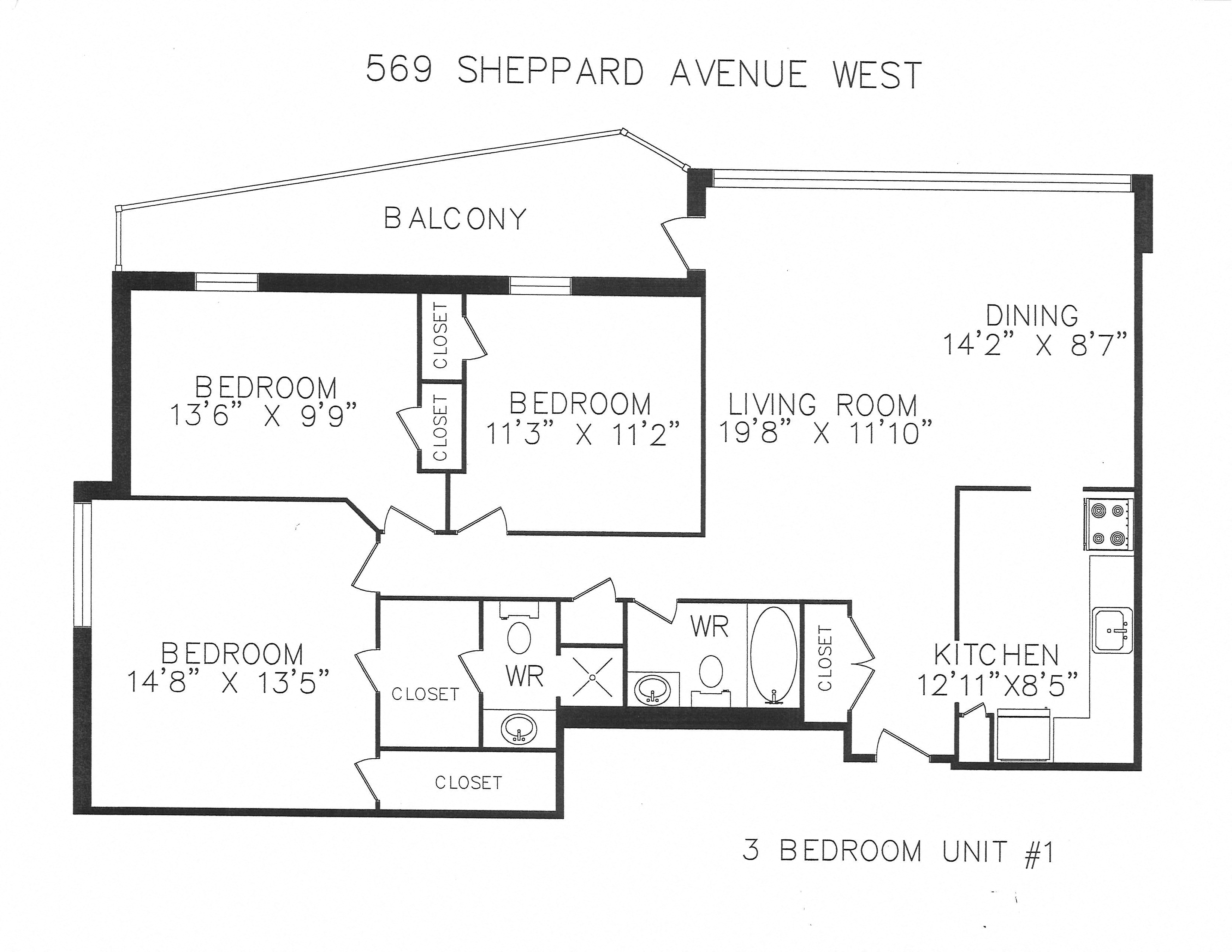 Floor plan for 3 beds, 2 baths, 1215 sqft