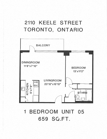 Floor plan for 1 bed, 1 bath, 659 sqft