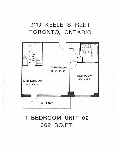 Floor plan for 1 bed, 1 bath, 662 sqft