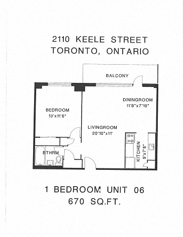 Floor plan for 1 bed, 1 bath, 670 sqft