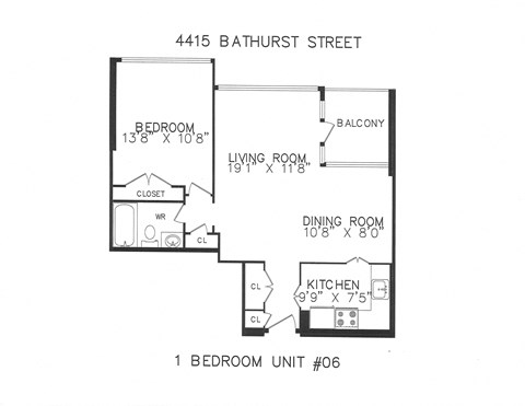 Floor plan for 1 bed, 1 bath, 670 sqft
