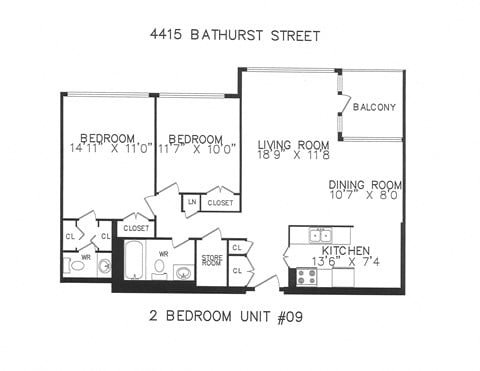 Floor plan for 2 beds, 1.5 baths, 930 sqft