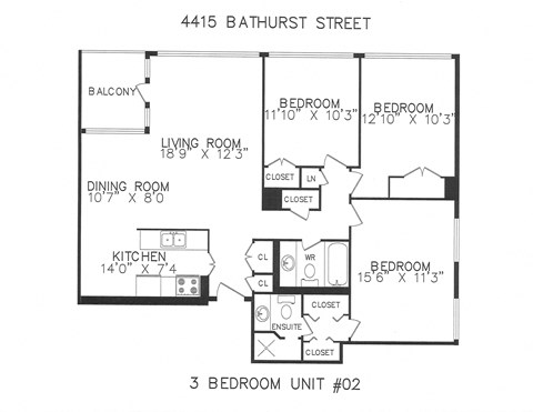 Floor plan for 3 beds, 2 baths, 1125 sqft