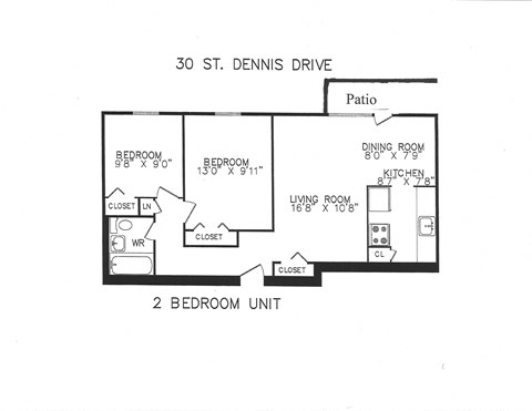 Floor plan for 2 beds, 1 bath, 675 sqft