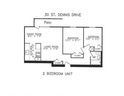 Floor plan for 2 beds, 1 bath, 695 sqft