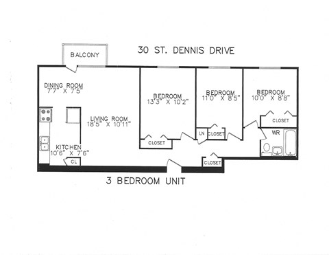 Floor plan for 3 beds, 1 bath, 885 sqft