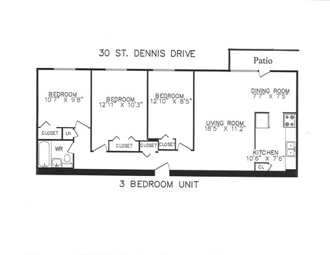 Floor plan for 3 beds, 1 bath, 885 sqft