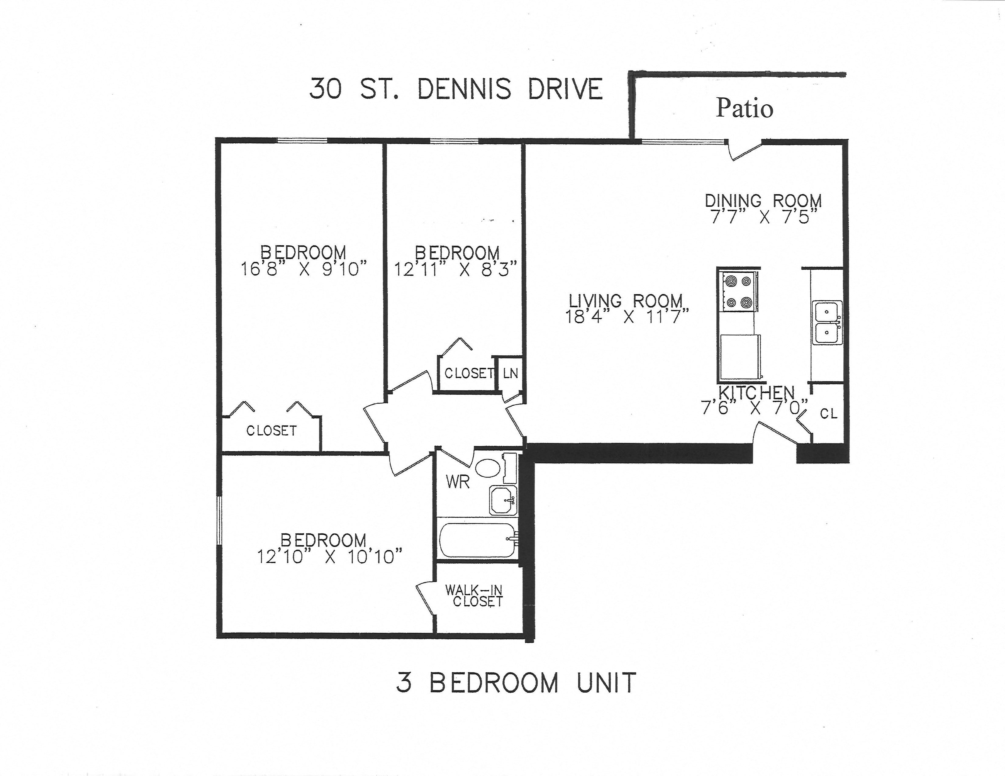 Floor plan for 3 beds, 1 bath, 910 sqft