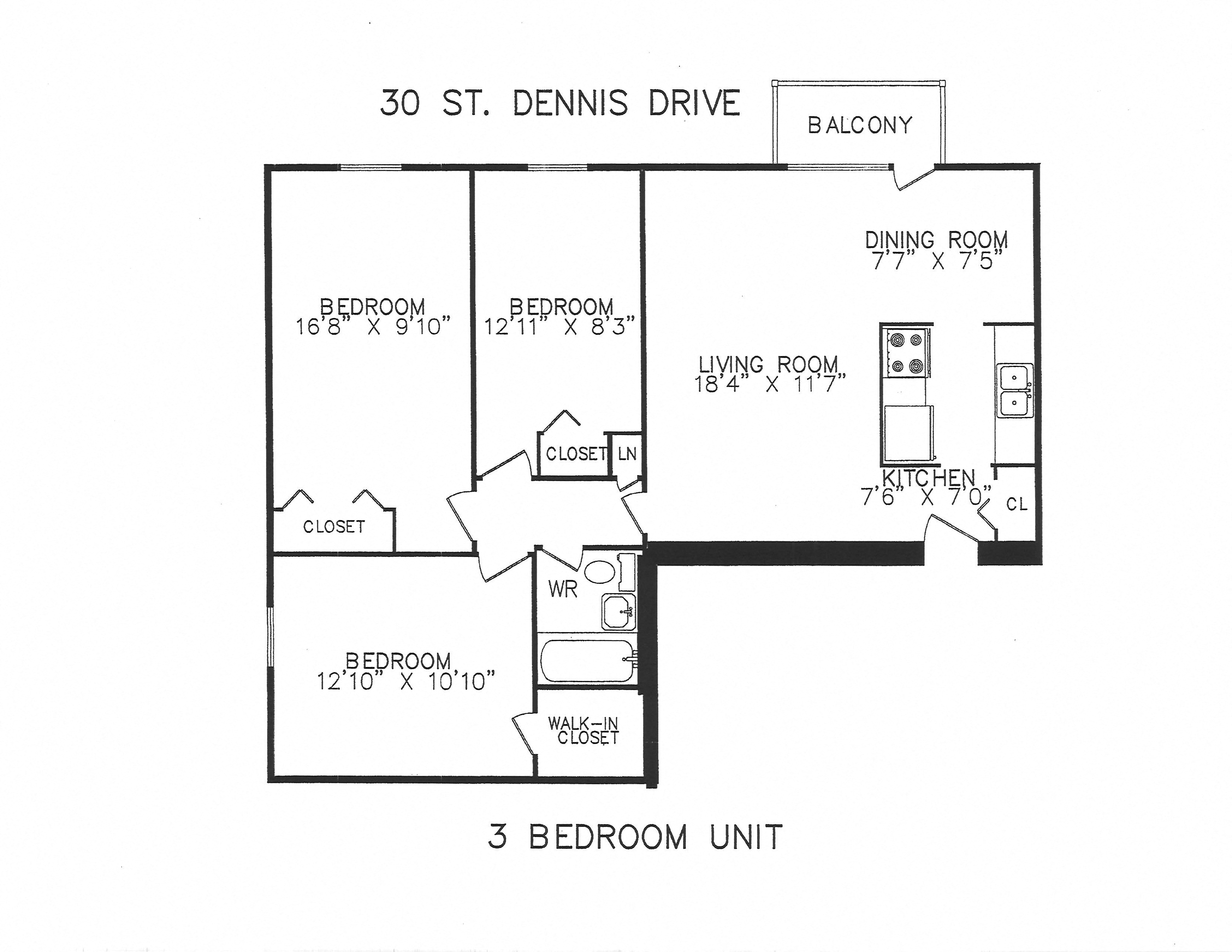 Floor plan for 3 beds, 1 bath, 910 sqft
