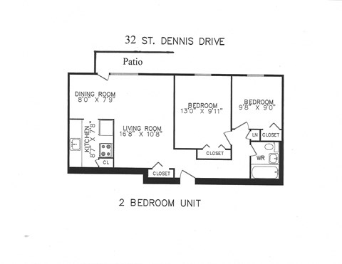 Floor plan for 2 beds, 1 bath, 765 sqft
