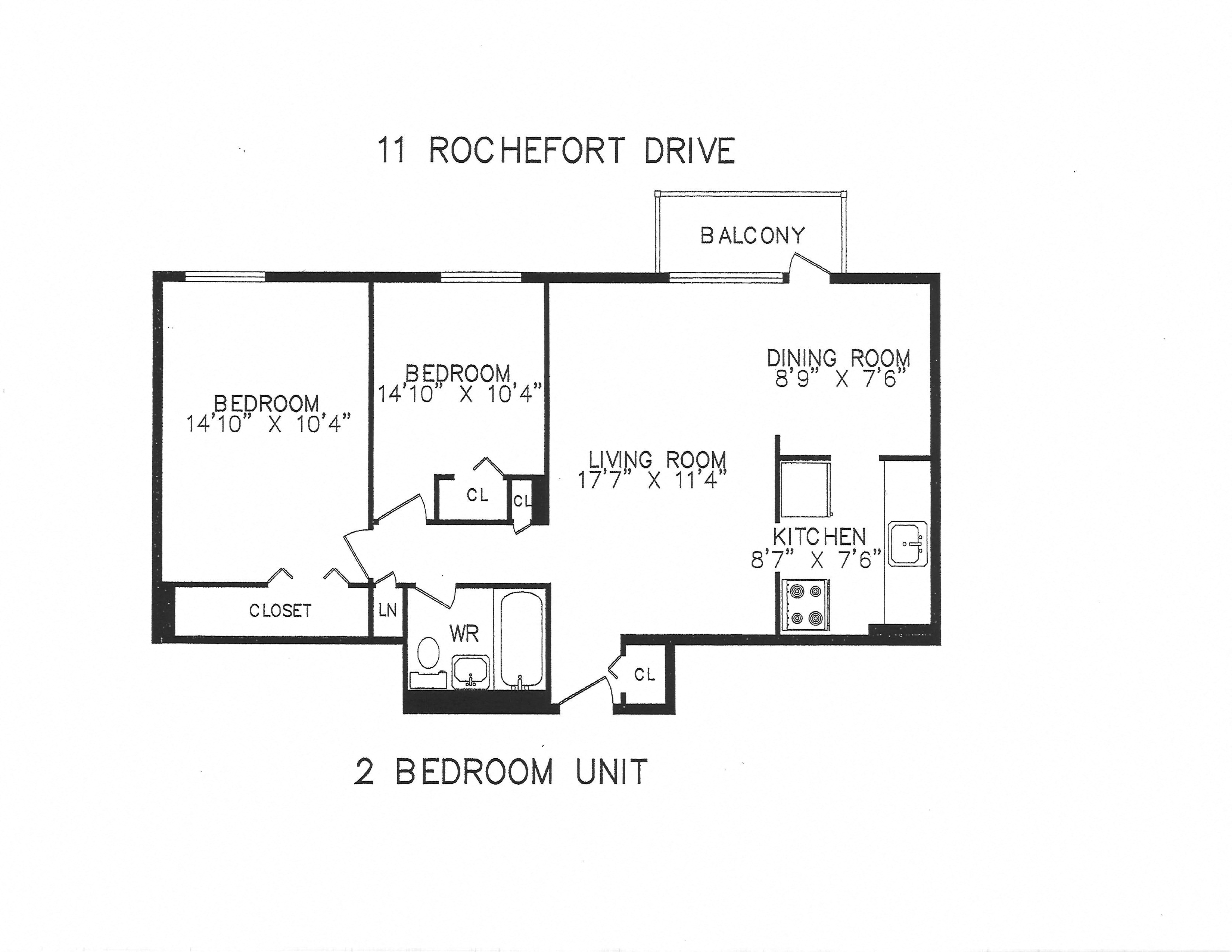 Floor plan for 2 beds, 1 bath, 715 sqft