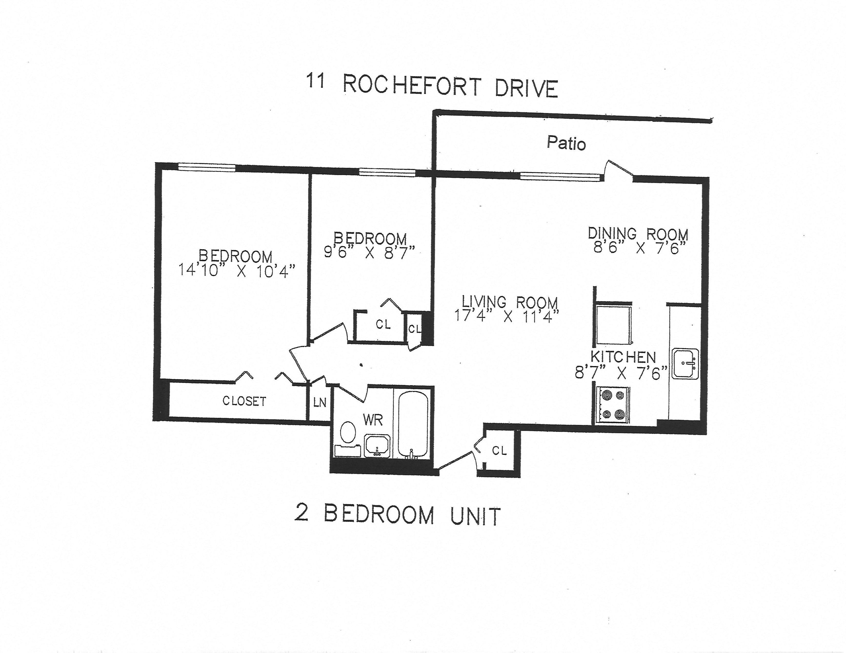 Floor plan for 2 beds, 1 bath, 715 sqft
