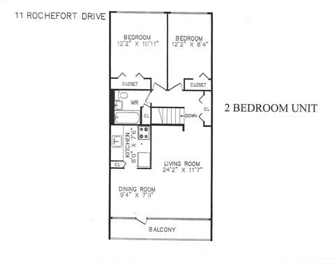 Floor plan for 2 beds, 1 bath, 775 sqft