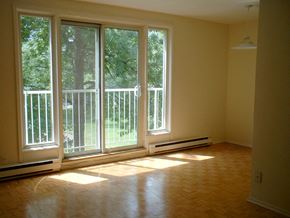 North York apartment for rent - A room with a wooden floor and a large window with a view of a tree and a fence.