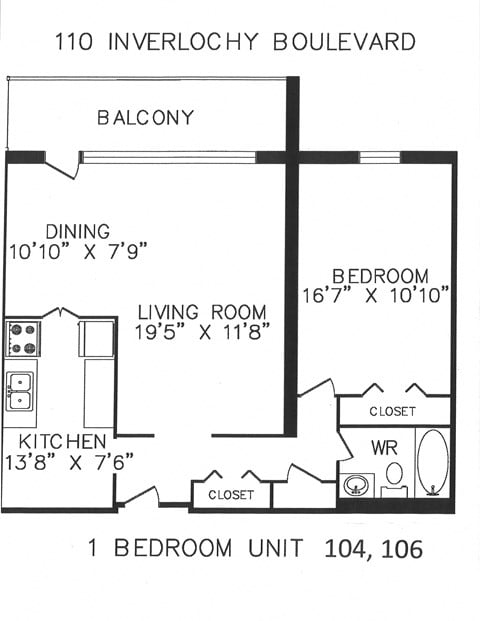 Floor plan for 1 bed, 1 bath, 770 sqft