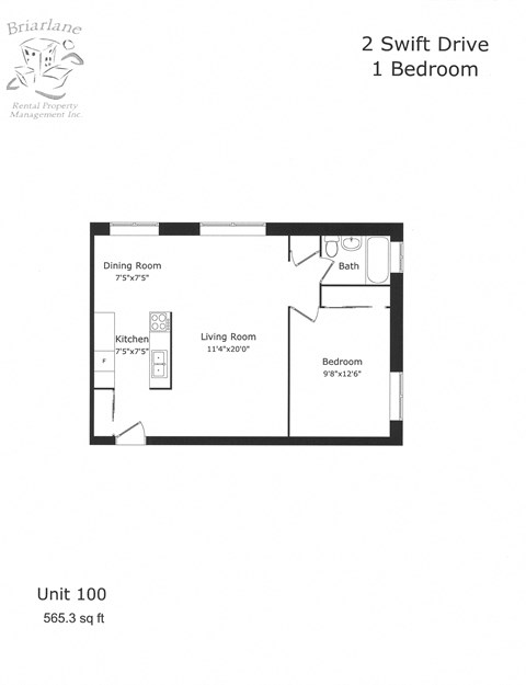 Floor plan for 1 bed, 1 bath, 565 sqft