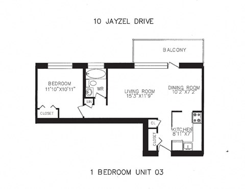 Floor plan for 1 bed, 1 bath, 586 sqft