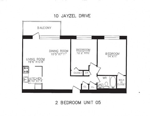 Floor plan for 2 beds, 1 bath, 808 sqft