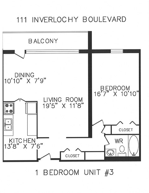 Floor plan for 1 bed, 1 bath, 770 sqft