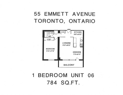 Floor plan for 1 bed, 1 bath, 766 sqft