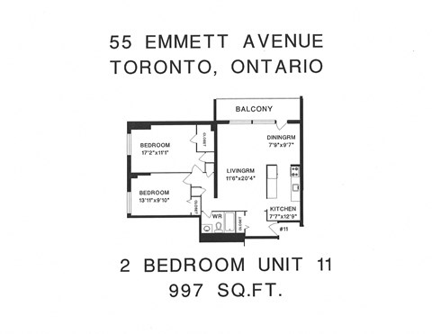 Floor plan for 2 beds, 1 bath, 948 sqft