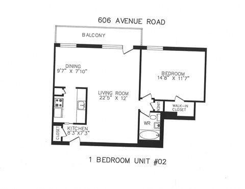 Floor plan for 1 bed, 1 bath, 685 sqft