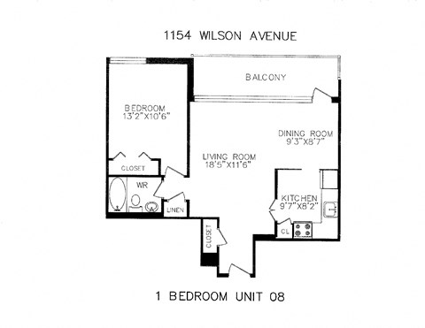 Floor plan for 1 bed, 1 bath, 663 sqft