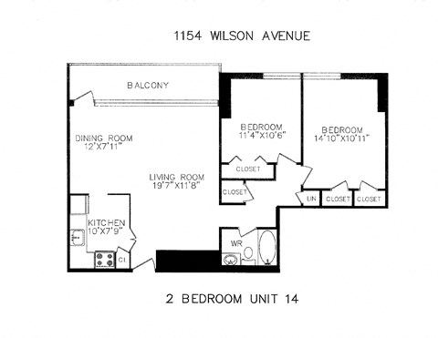 Floor plan for 2 beds, 1 bath, 888 sqft