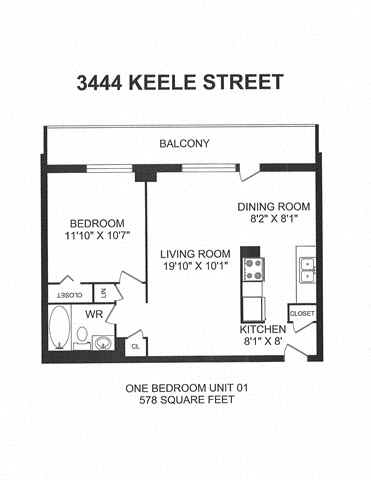 Floor plan for 1 bed, 1 bath, 543 sqft