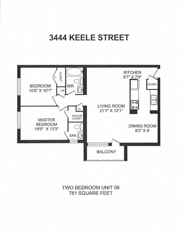 Floor plan for 2 beds, 2 baths, 781 sqft