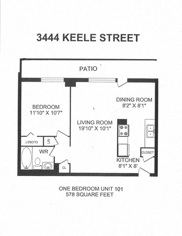 Floor plan for studio, 1 bath, 363 sqft