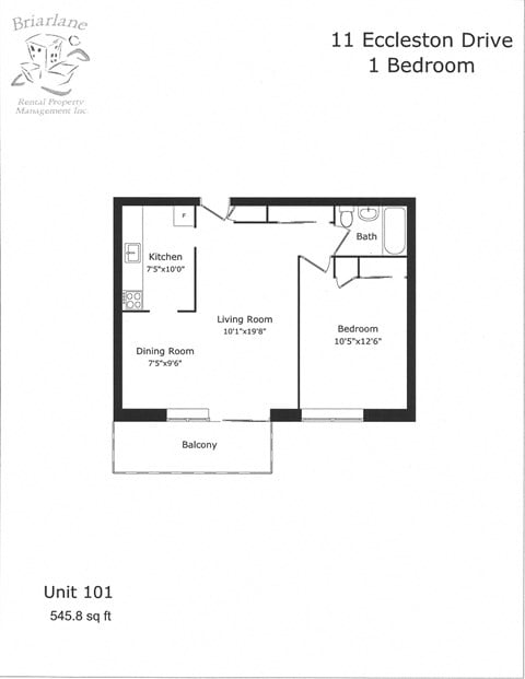 Floor plan for 1 bed, 1 bath, 673 sqft