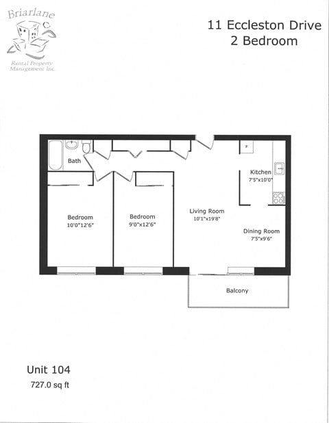 Floor plan for 2 beds, 1 bath, 856 sqft