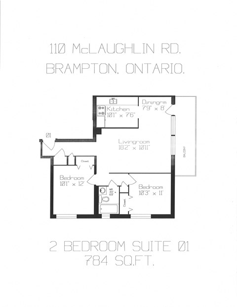 Floor plan for 2 beds, 1 bath, 784 sqft
