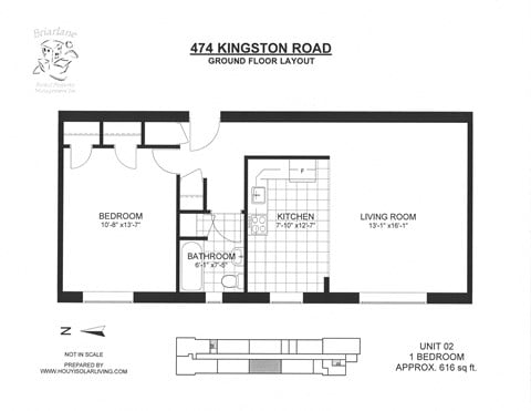 Floor plan for 1 bed, 1 bath, 627 sqft