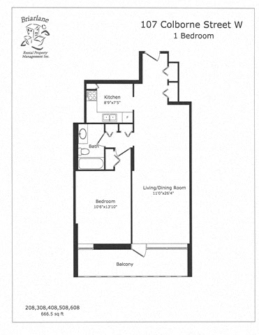 Floor plan for 1 bed, 1 bath, 666 sqft