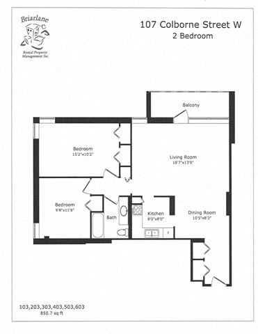 Floor plan for 2 beds, 1 bath, 850 sqft